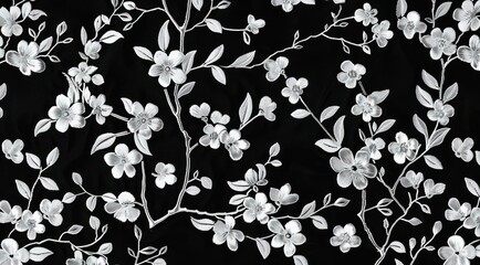 White floral embroidery pattern on black fabric.
