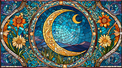 Mosaic art design with the theme of the beauty of the crescent moon