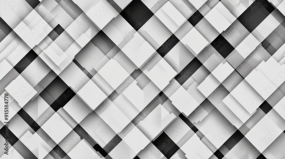 Poster An abstract pattern featuring overlapping squares and rectangles, arranged in a diagonal grid. The background is white, while the shapes are in various shades of gray and black, creating a subtle dept