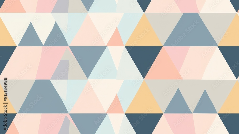 Fototapete A seamless pattern of overlapping triangles in shades of pink, blue, and yellow. The triangles are arranged in a repeating pattern, creating a modern and abstract design.