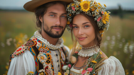 Fototapeta premium Portrait of Latvian Couple Wearing Traditional Dress with Floral Wreath, Showcasing European Cultural Heritage, Vibrant Colours and Handcrafted Details, with Embroidery, Outdoor Grassfield Background 