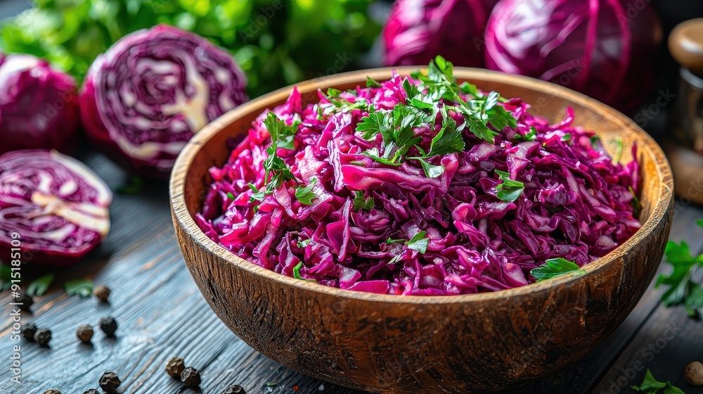 Poster a colorful red cabbage salad garnished with fresh herbs sits in a wooden bowl amidst scattered veget