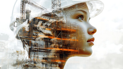 A double exposure combines the face of an engineer and the construction site of a building. Panoramic view. Illustration for cover, card, interior design. Generative AI illustration 
