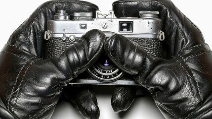 A pair of gloved hands holding a vintage camera