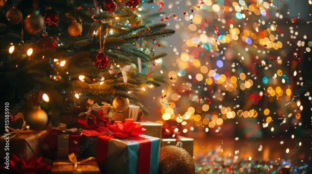 Poster a decorated christmas tree with string lights and ornaments stands beside presents wrapped in colorf