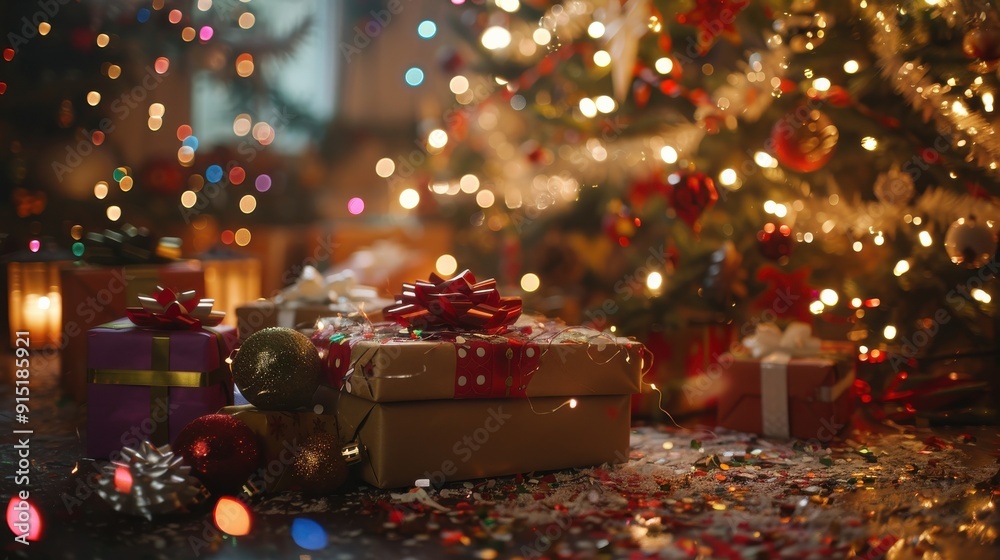 Poster a stack of wrapped christmas gifts sit on a floor covered in confetti, with a decorated christmas tr