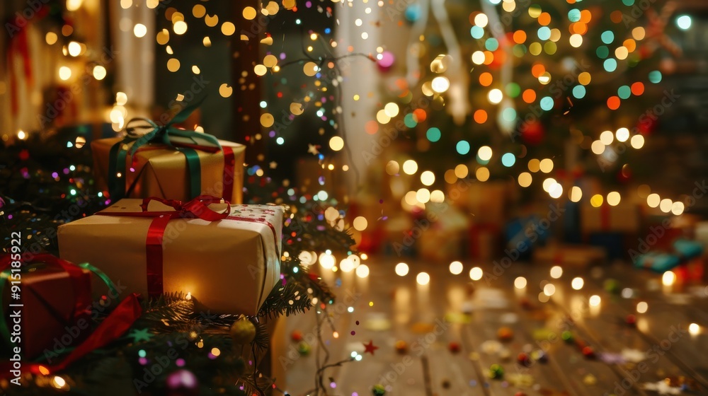 Poster a close-up view of wrapped gifts under a christmas tree with twinkling lights, with the tree and lig