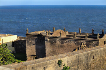 Beautiful landscape of sea and old heritage building, Bastion of Diu Fort. Walls of diu vintage fort is built by Portuguese, located in Diu district of Union Territory Daman and Diu, India