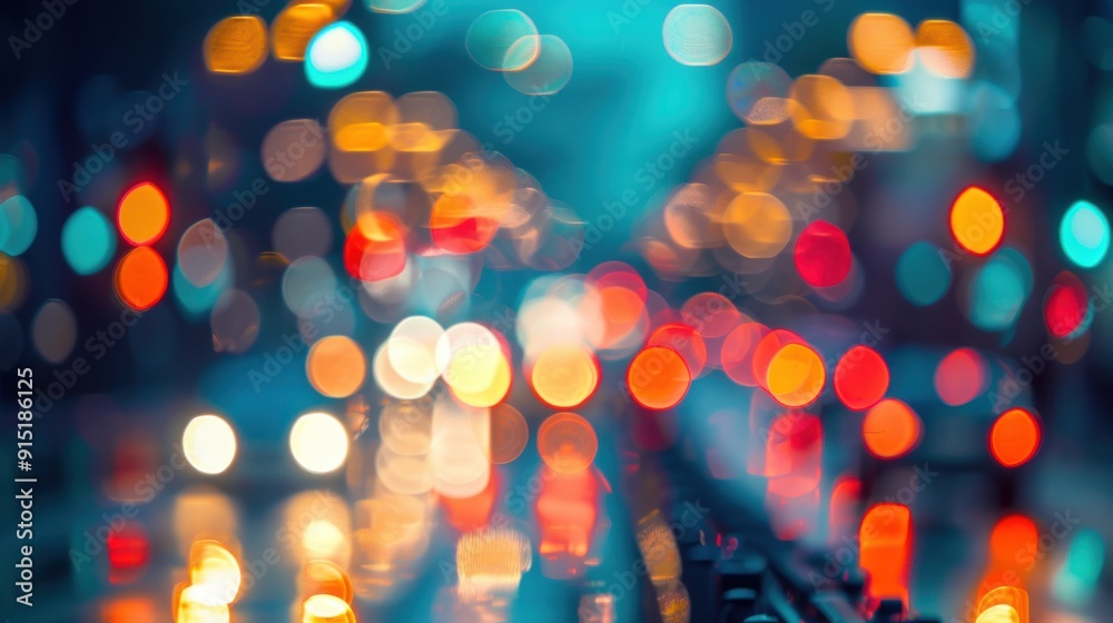 Poster The image captures a blurred, abstract view of city lights at night. The vibrant colors of the city's lights are softened and diffused by the bokeh effect, creating a sense of movement and energy.