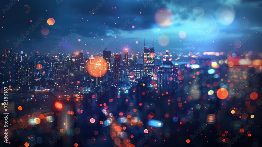 Poster a high-angle view of a city skyline at night, with the buildings illuminated by streetlights and car