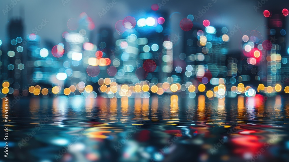 Poster the image shows a blurry cityscape at night. the lights of the city are reflected in the water below