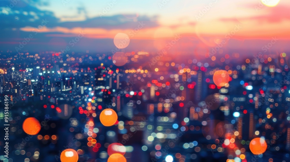 Poster a panoramic view of a city at sunset, with the lights blurred into colorful orbs creating a bokeh ef