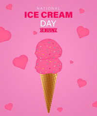 National ice cream day vertical template design with strawberry ice cream cone and hearts vector illustration.