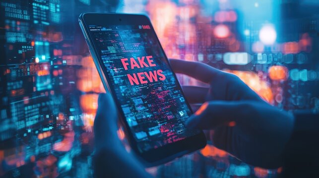 A person holds a smartphone displaying the words fake news amidst a colorful digital background, highlighting the challenge of misinformation online
