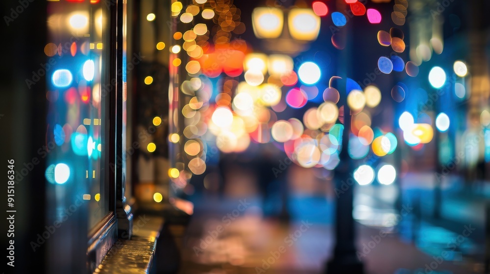 Poster the image shows a nighttime view of a city street through a window. the street lights and other ligh