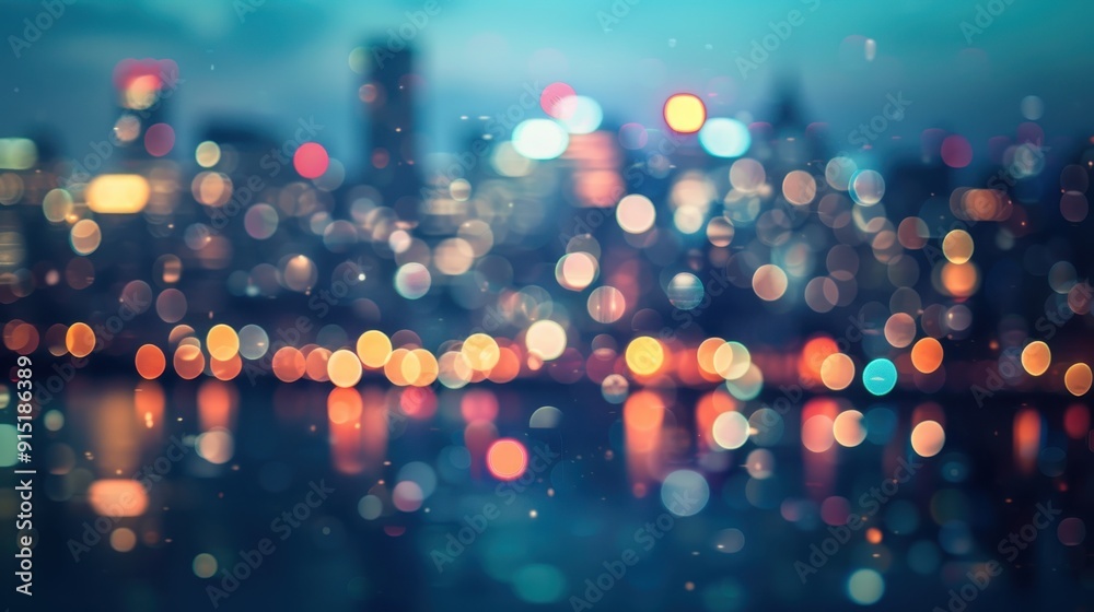 Aufkleber A blurry, abstract image of a city skyline at night, with out-of-focus lights reflecting on the water. The scene is dominated by colorful bokeh circles of various sizes, creating a sense of movement a