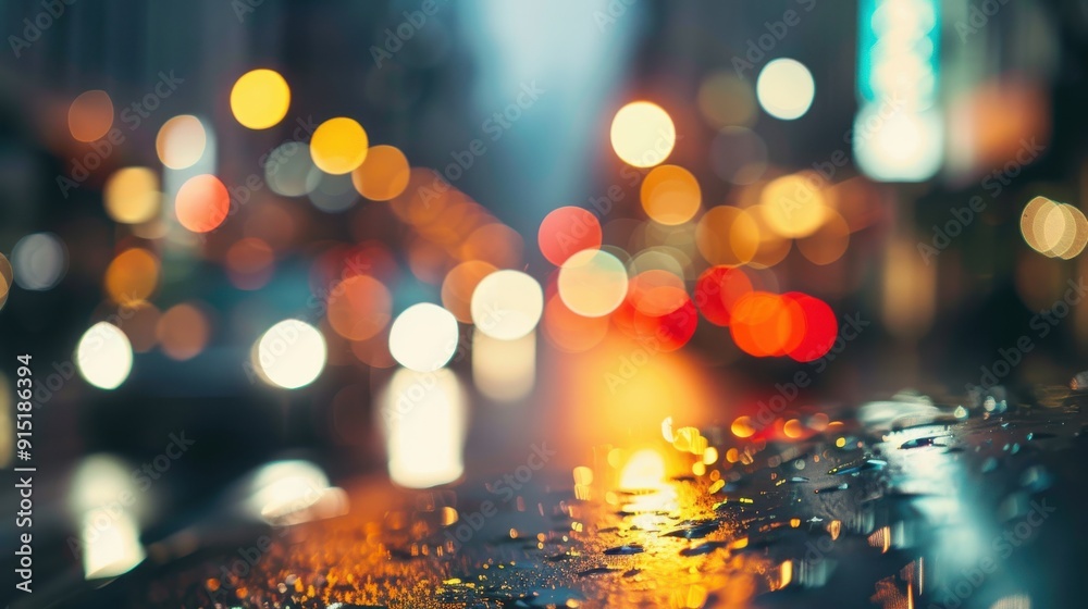Poster a close-up shot of wet pavement reflecting the blurred lights of a city at night. raindrops glisten 