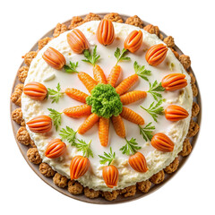 Vegan carrot cake top view isolated on transparent background.