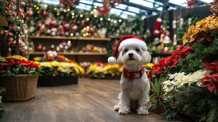 A small dog in a Santa hat poses happily in a flower shop decorated for the holidays, surrounded by colorful blooms and festive ornaments