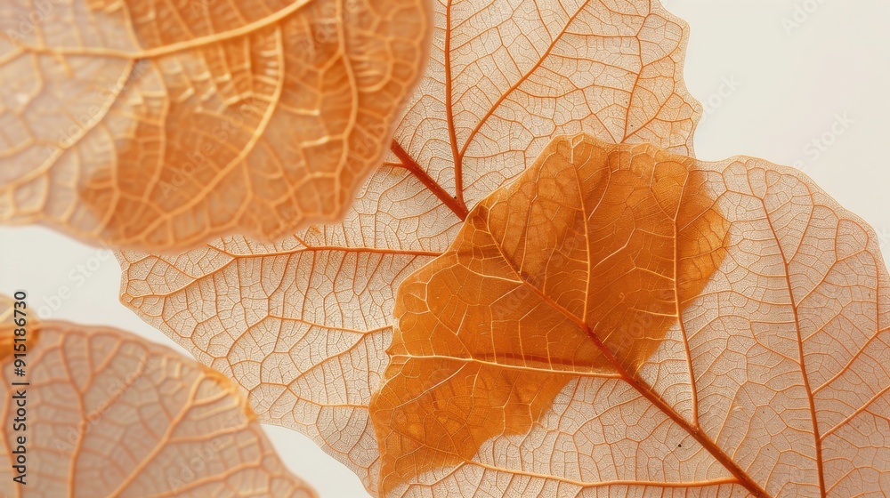 Poster a close-up of several thin leaves with veins, some orange and some white, overlapping each other and