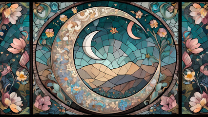 Obraz premium Mosaic art design with the theme of the beauty of the crescent moon