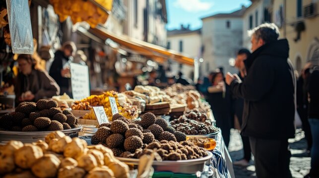 Visitors explore a bustling market at the White Truffle Festival, enjoying a variety of truffles, local foods, and the lively ambiance in Alba, Italy