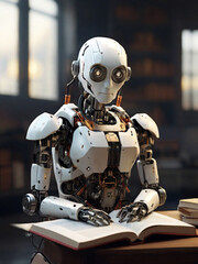 Futuristic Robot Reading a Book in a Library