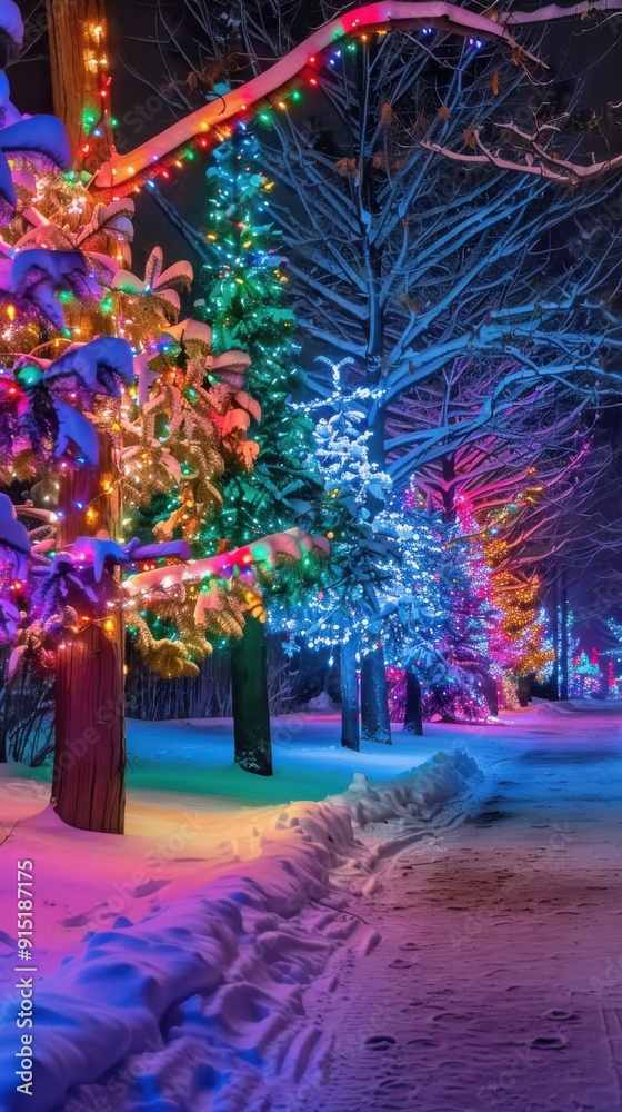 Aufkleber A snowy path illuminated by colorful Christmas lights runs through a row of trees, each festooned with twinkling bulbs. The light casts a vibrant glow on the snow, creating a magical winter scene.