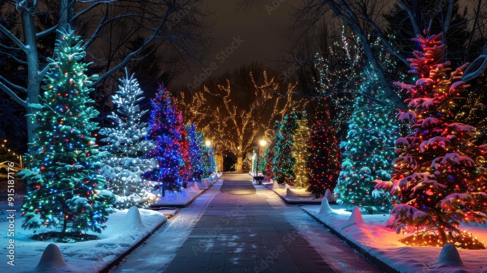 Poster A pathway lined with evergreen trees is illuminated by Christmas lights on a snowy night. The trees are decorated with a variety of colored lights, and the ground is covered in a layer of fresh snow.