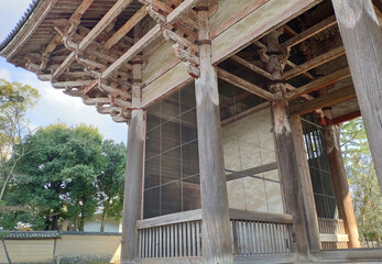 Ancient wooden gates at the historic Todaiji Temple complex in Nara, Japan