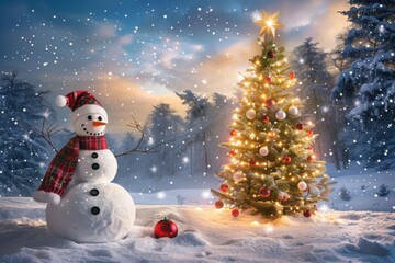 Obraz premium A snowman next to a decorated Christmas tree with a festive hat and scarf in a snowy landscape