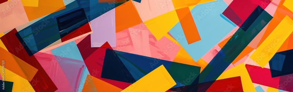 Poster A vibrant abstract background featuring a collection of colorful geometric shapes arranged in a dynamic and overlapping pattern. The shapes are predominantly angular and rectangular, with a variety of
