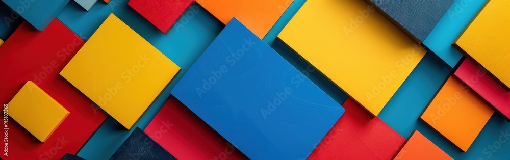 Fototapete A close-up shot of an abstract pattern featuring squares of yellow, orange, and red on a blue background. The squares overlap each other in a visually appealing and dynamic arrangement, creating a sen