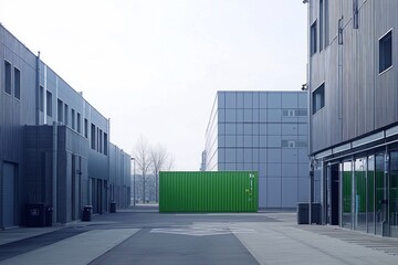 A contemporary grey industrial complex with clean lines and large grey warehouses is punctuated by a single, vividly colored green shipping container, providing a focal point in the muted environment.