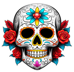 Calavera con adornos florales y arabescos, representando la rica tradición del Día de los Muertos, aislado sobre fondo transparente, para eventos, flyers, banners, tatuajes, camisetas