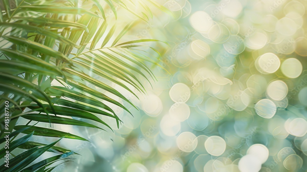 Poster A close-up shot of a lush green palm frond with a soft, blurred background of bright sunlight. The out-of-focus background features a pattern of light green and white circles, creating a dreamy, ether