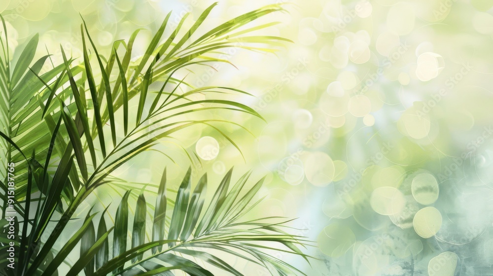 Poster A close-up image of palm fronds with a blurred, soft green background. The fronds are delicate and lush, with a natural light creating a gentle bokeh effect in the background. The image conveys a sens