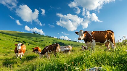 Herd of Cows Grazing in a Lush Green Meadow