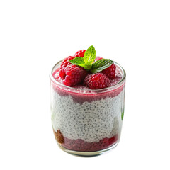 Raspberry chia seed pudding isolated on transparent background.
