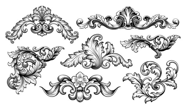 Vintage Baroque Victorian border flower pattern frame vector floral engraved scroll ornament leaf retro decorative design tattoo black and white filigree calligraphic heraldic shield swirl
