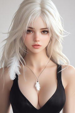 A stunning girl in a vantablack bodysuit stands shyly, tired eyes glimmering with emotion, adorned with a delicate feather.