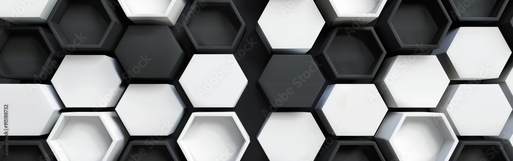 Leinwandbilder A close-up image of a repeating pattern of black and white hexagons. The hexagons are arranged in a honeycomb pattern, with the black hexagons recessed into the white hexagons. The image creates a sen