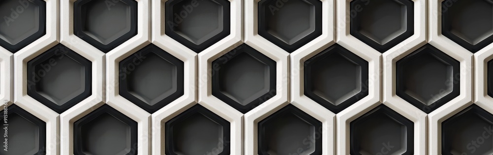 Poster A close-up image of an abstract wall pattern featuring a repeated black and white hexagon design. The hexagons are raised from the wall and create a three-dimensional effect.