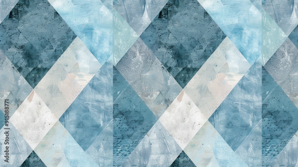 Poster This image features a seamless pattern composed of geometric shapes, primarily in shades of blue and white. The shapes are arranged in a diagonal pattern, creating a sense of movement and depth. The c