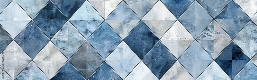 Poster a close-up view of a diamond-shaped tile pattern in shades of blue and white. the tiles are arranged