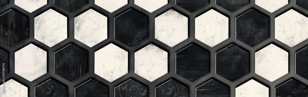 Poster A close-up of a black and white hexagonal tile pattern with dark grey grout. The tiles are arranged in a honeycomb pattern, and the image shows a small portion of the larger wall.
