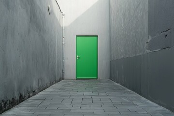 Obraz premium A contemporary grey pedestrian alley with smooth surfaces and grey walls is punctuated by a single, brightly colored green door, providing a focal point in the monochromatic setting.