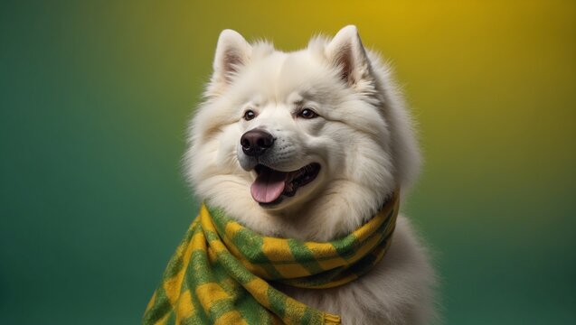 Fluffy white dog with green and yellow scarf smiling