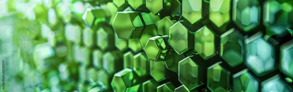Poster A close-up shot of a three-dimensional abstract background with a repeating pattern of green hexagons, creating a mesmerizing and complex texture.