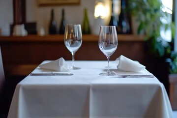 Two empty wine glasses on table